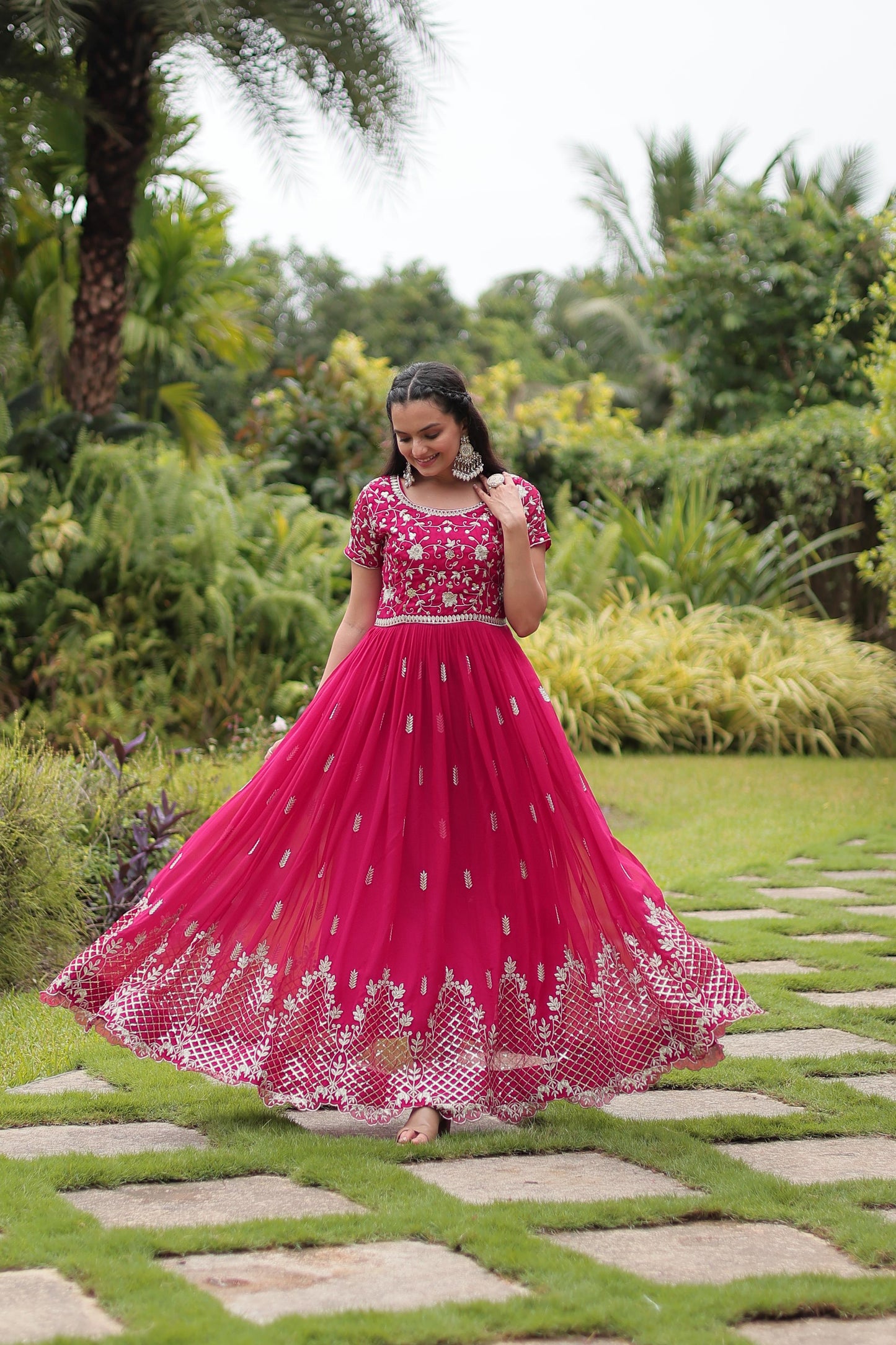 Pink color sequins work long gown for women