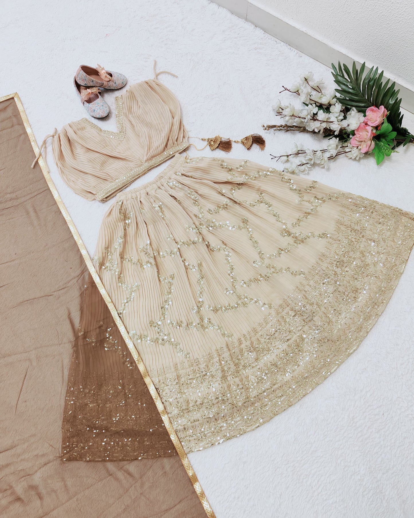 Beige color georgette small girls lehenga choli design look