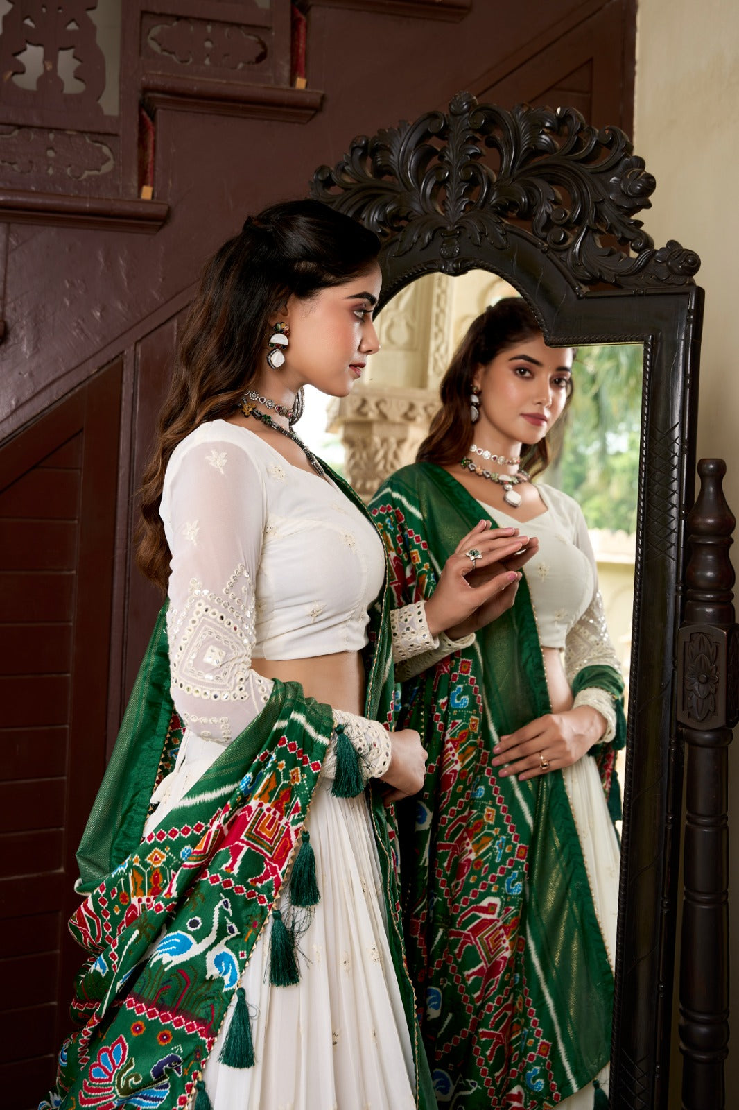 white color georgette lehenga choli with green dupatta for women