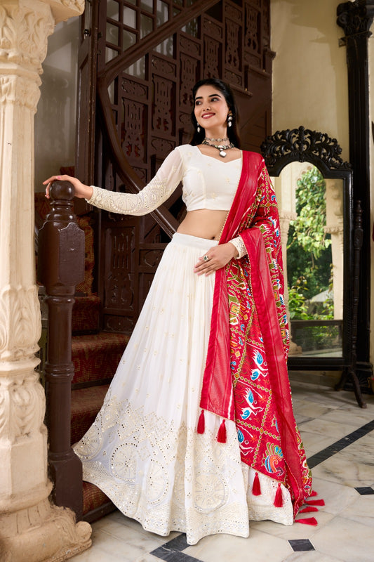 white color georgette lehenga choli with red dupatta