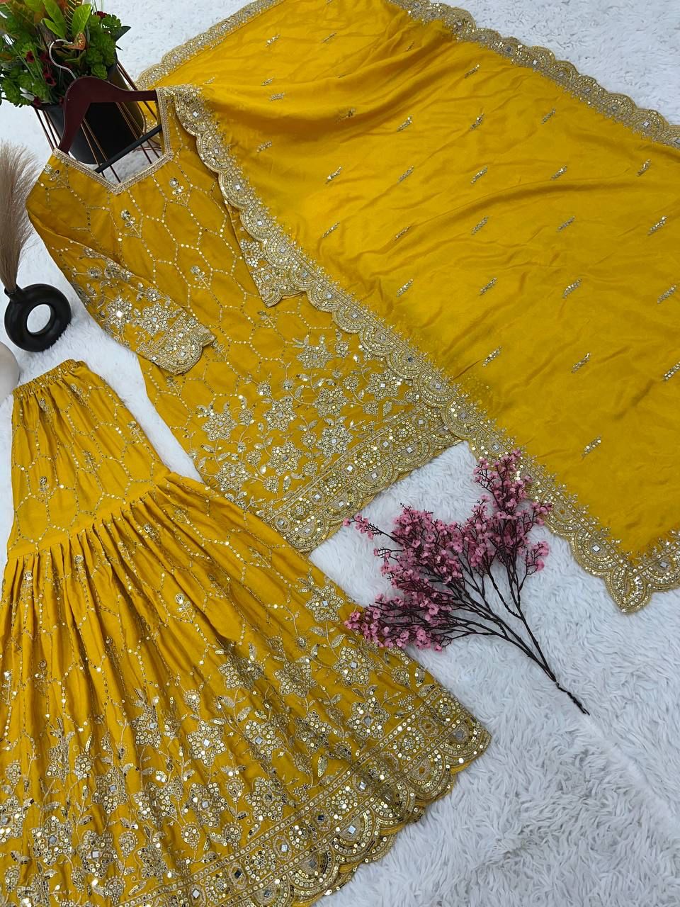 Yellow color chinon silk sharara suit with dupatta online