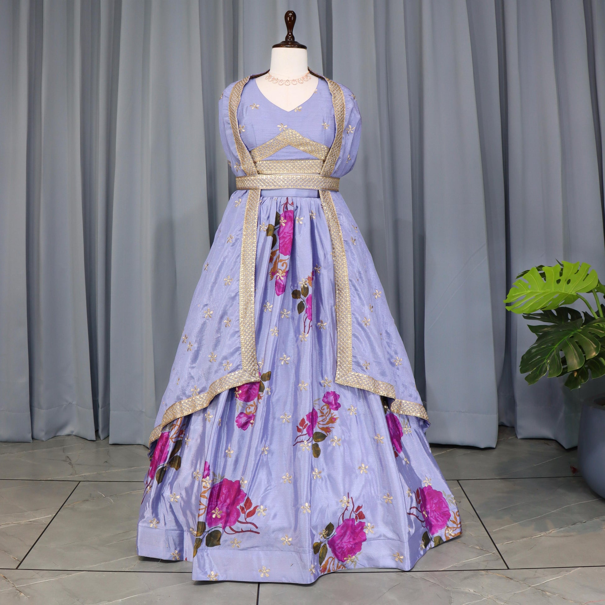Lavender Color Chinon Floral Printed Lehenga Choli with dupatta price