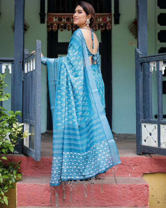 Turquoise linen printed saree with blouse price