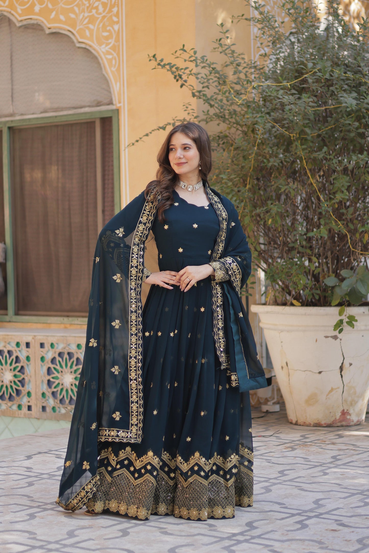 Teal blue color faux blooming anarkali gown online