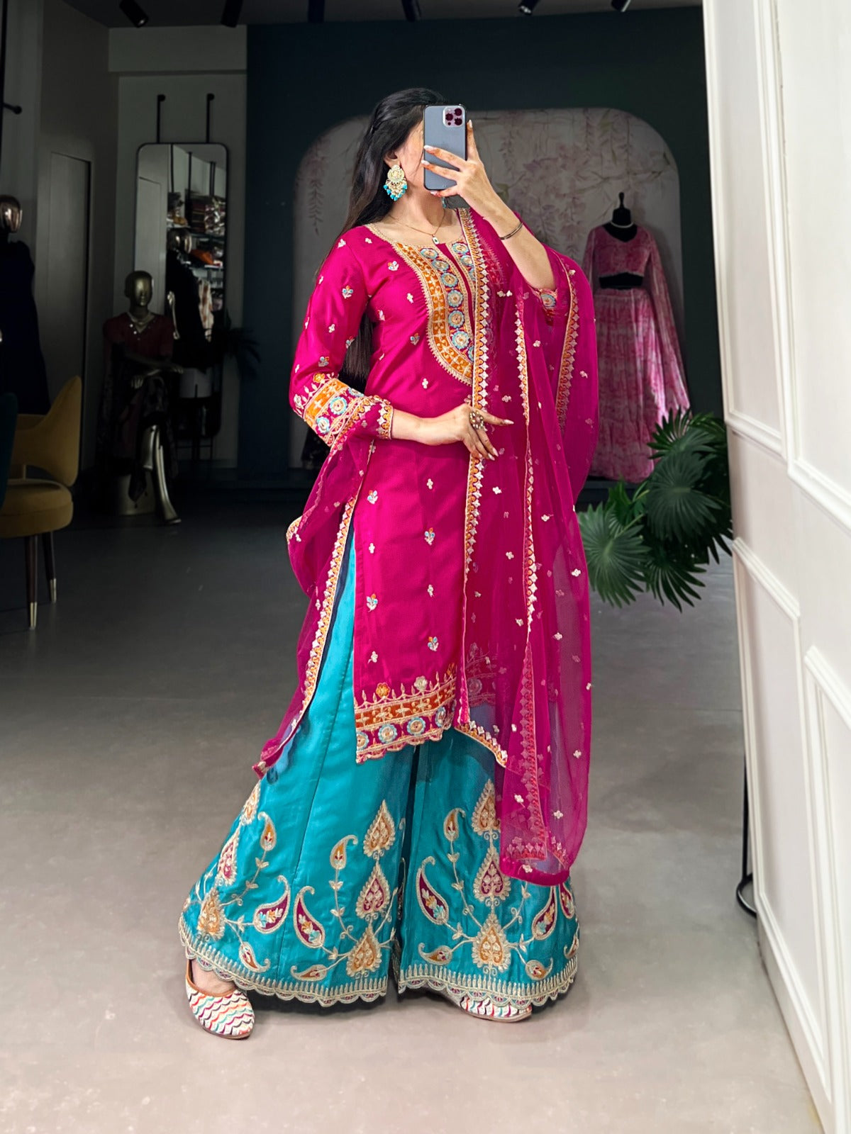 Pink color moonga silk Sharara Suit design
