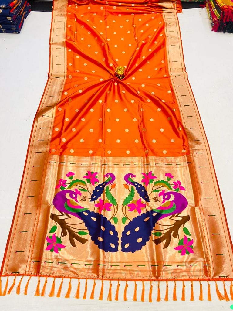 Orange color paithani silk saree with blouse design