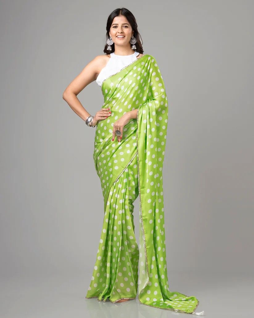Parrot color japan satin printed saree for women