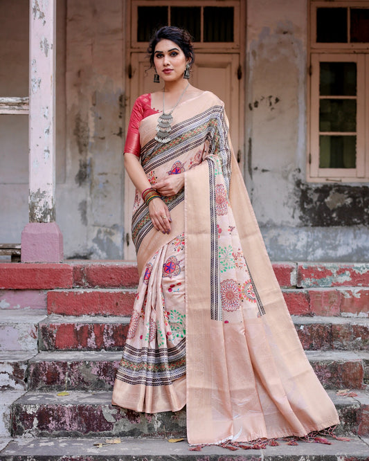 Beige color banarasi silk saree for women