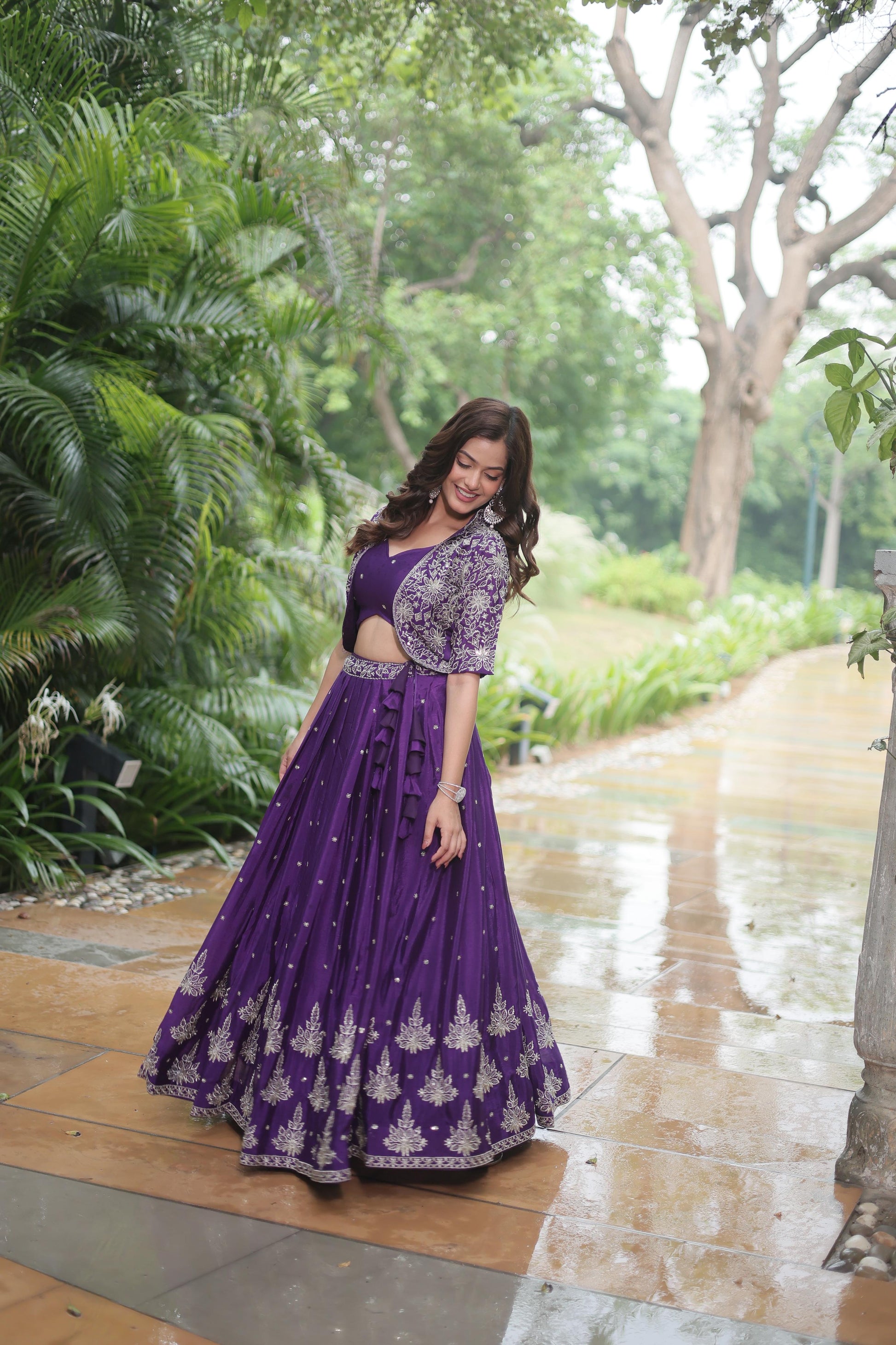 Purple color embroidery work georgette lehenga choli