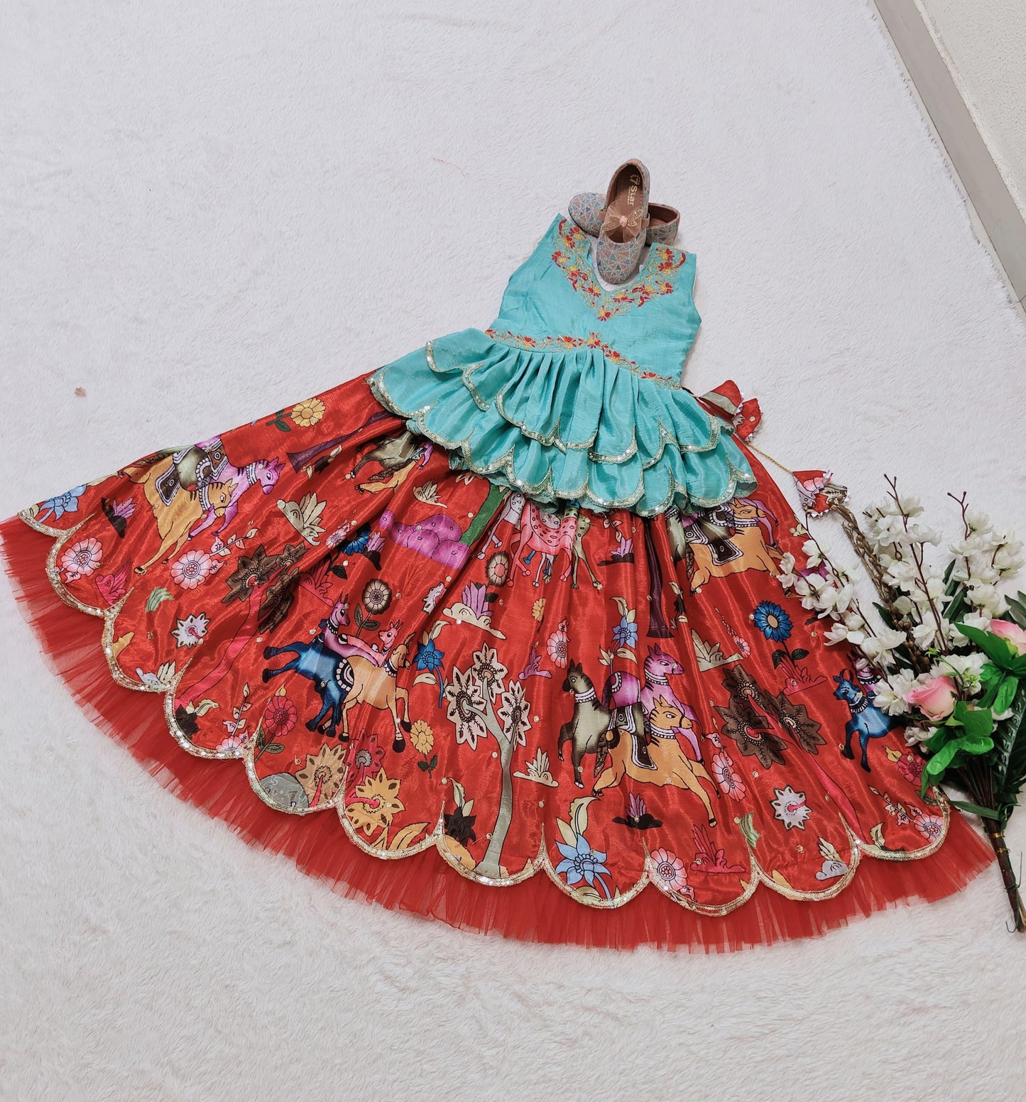 Red color chinon silk lehenga choli for small girls online shopping