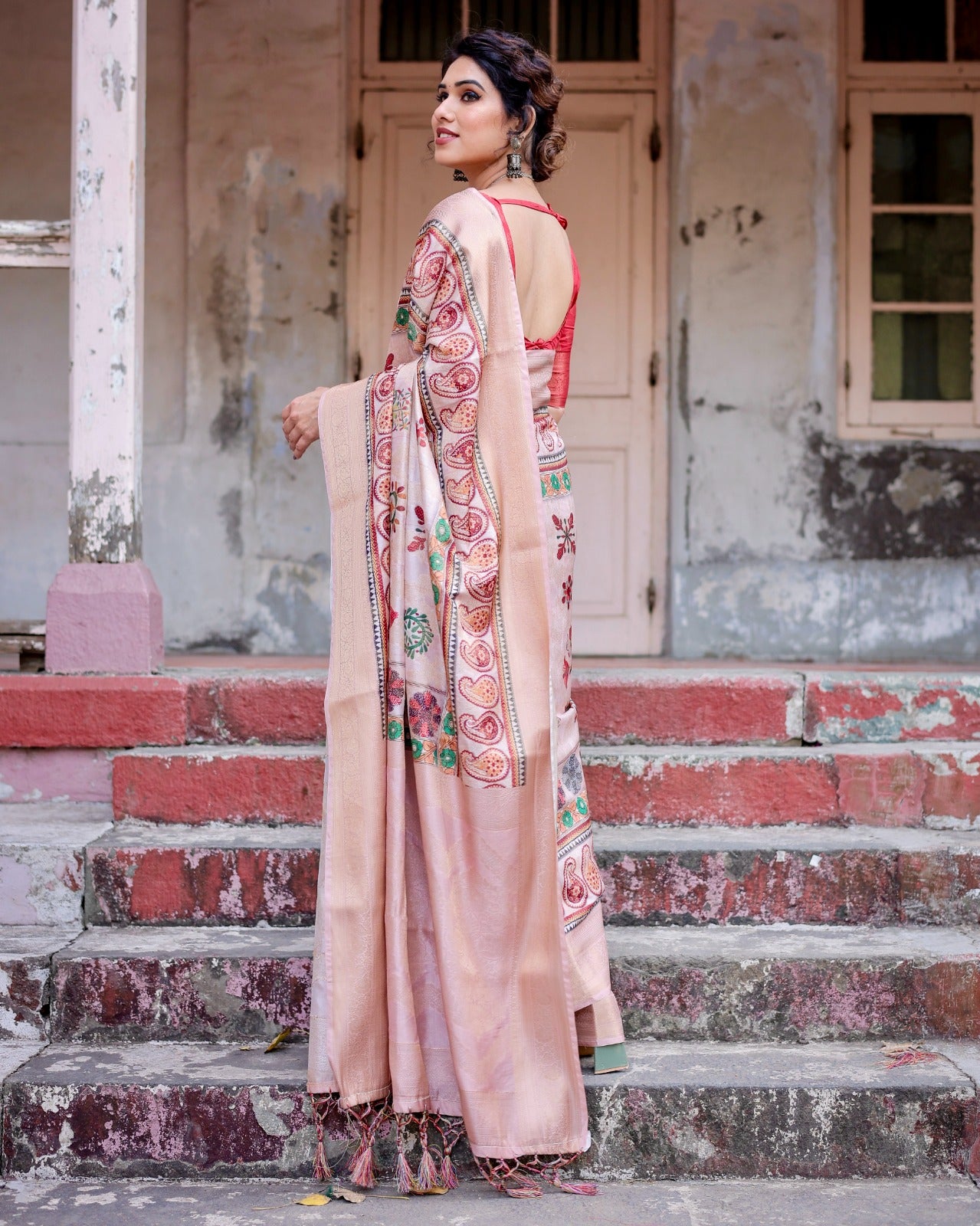 Peach color banarasi silk saree with blouse price