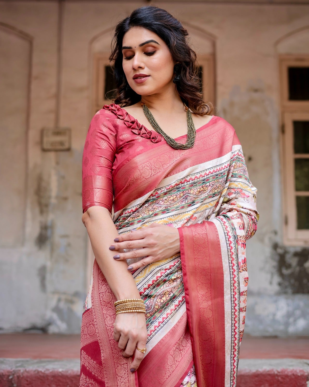 Rose pink color banarasi silk printed saree for wedding