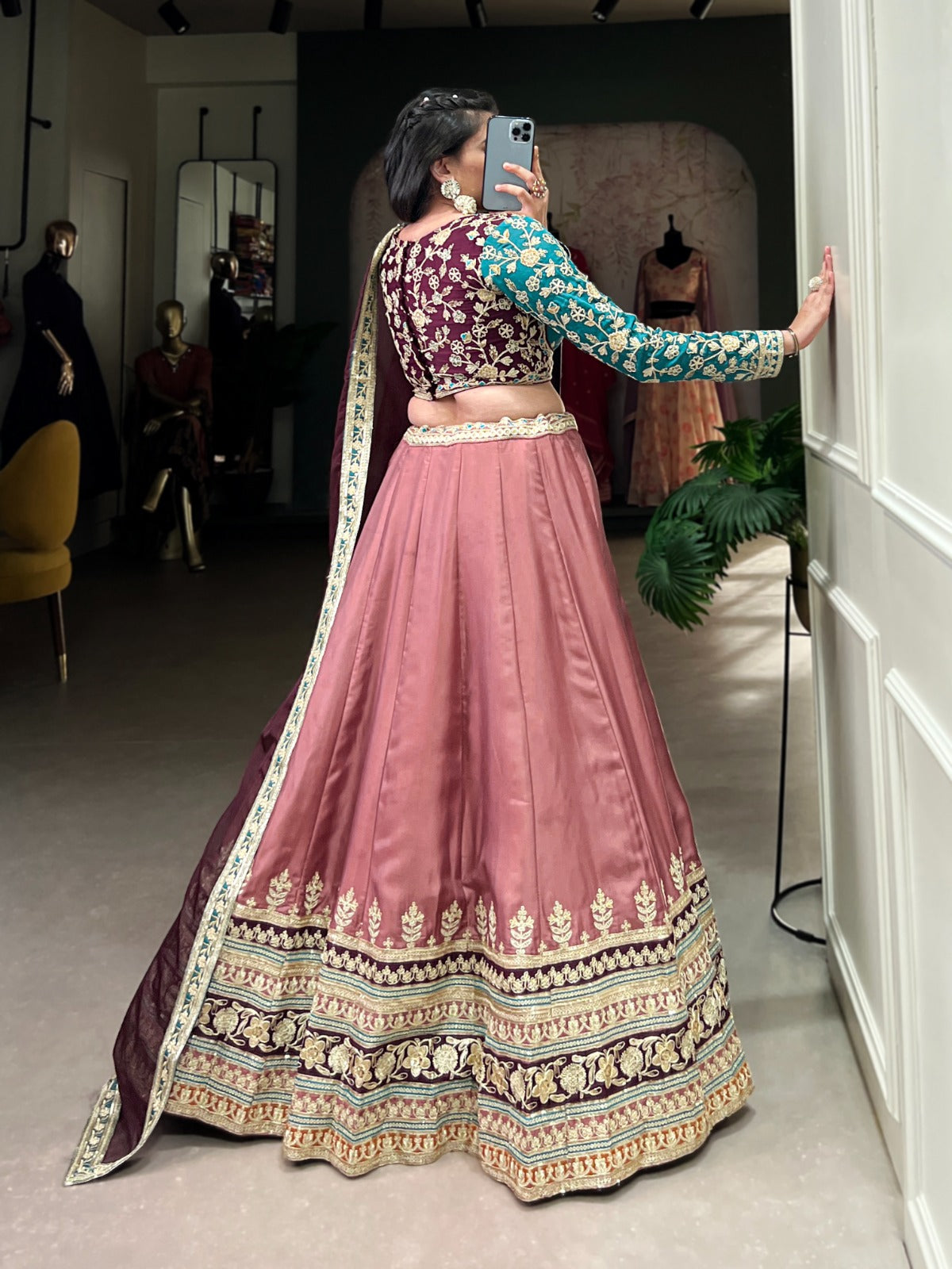 Peach color moonga silk lehenga choli with dupatta online shopping