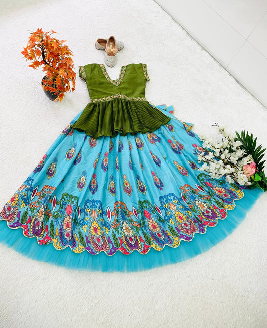 Sky color chinon silk lehenga with top