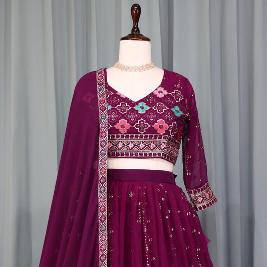 Wine color georgette lehenga choli with dupatta images