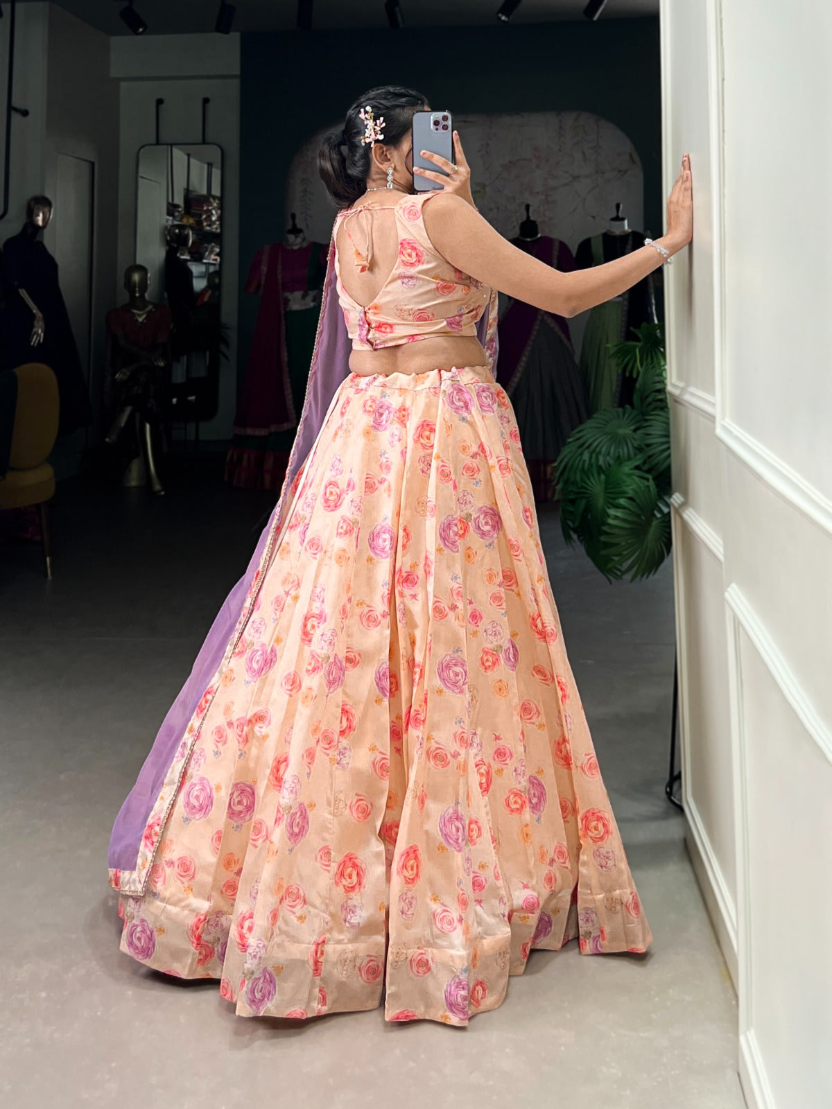 Peach color tussar silk lehenga choli for party