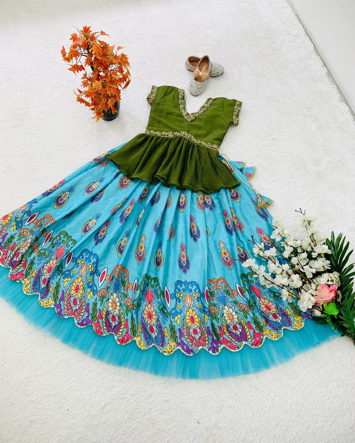 Sky color chinon silk lehenga with top for small girls