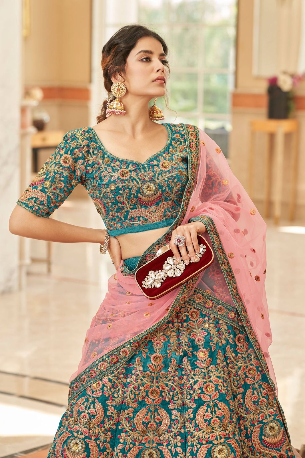 Velvet teal blue lehenga blouse for wedding