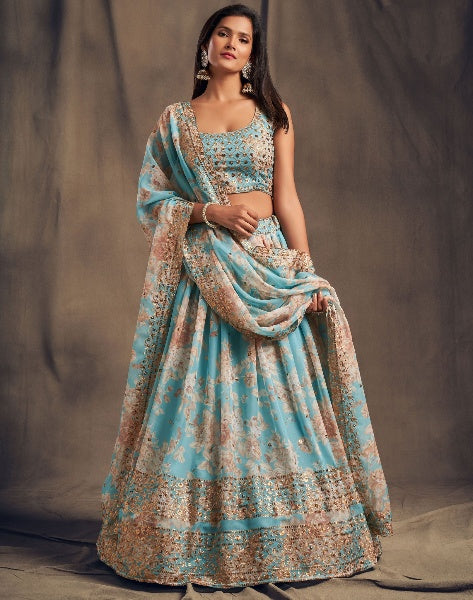 Sky blue organza lehenga choli for women online