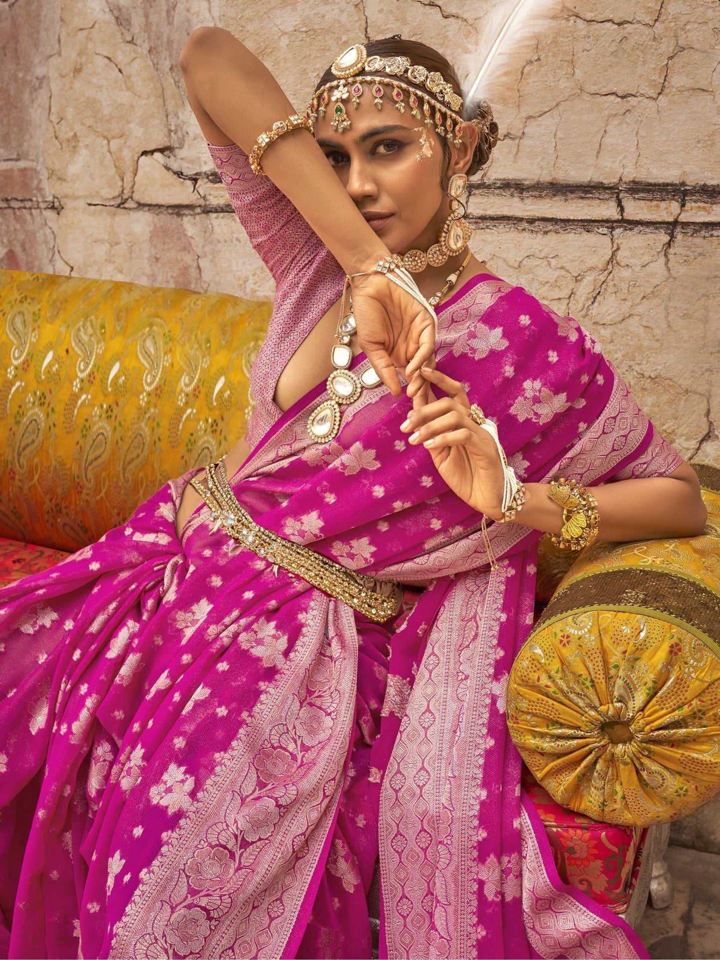 Pink color traditional saree with blouse images