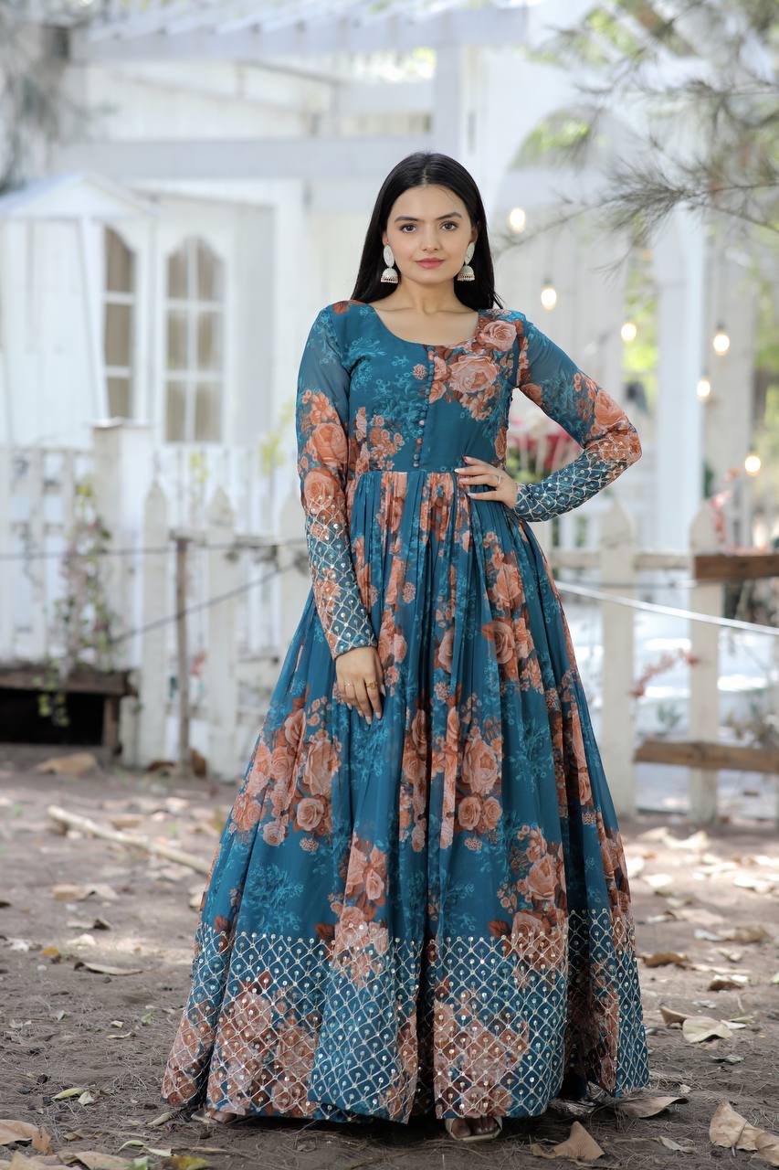 georgette party dress Festive, Party Wear Blue color Georgette fabric Gown : 1813539