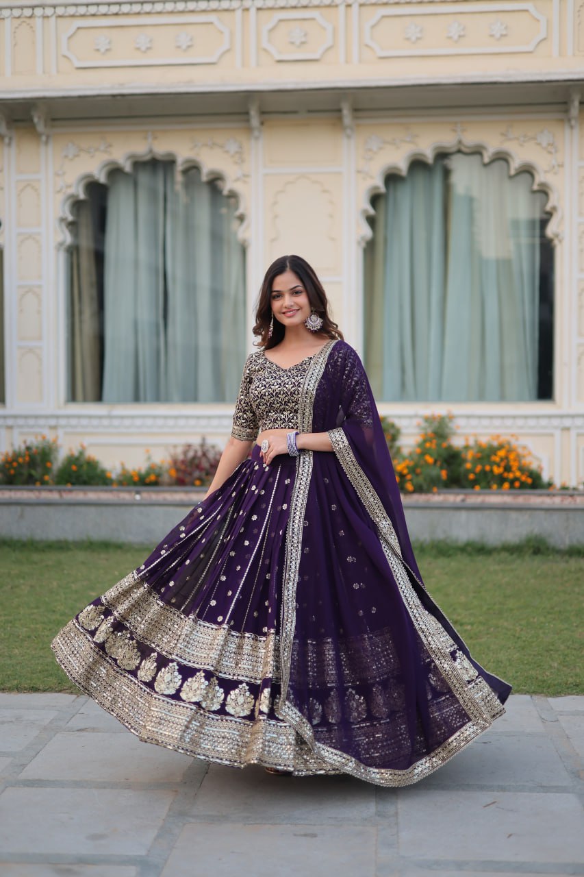 Purple Embroidered Sequins Lehenga Choli for Wedding