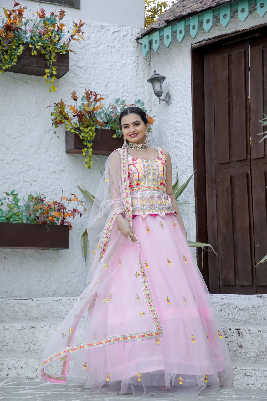 Stylish pink thread work lehenga choli