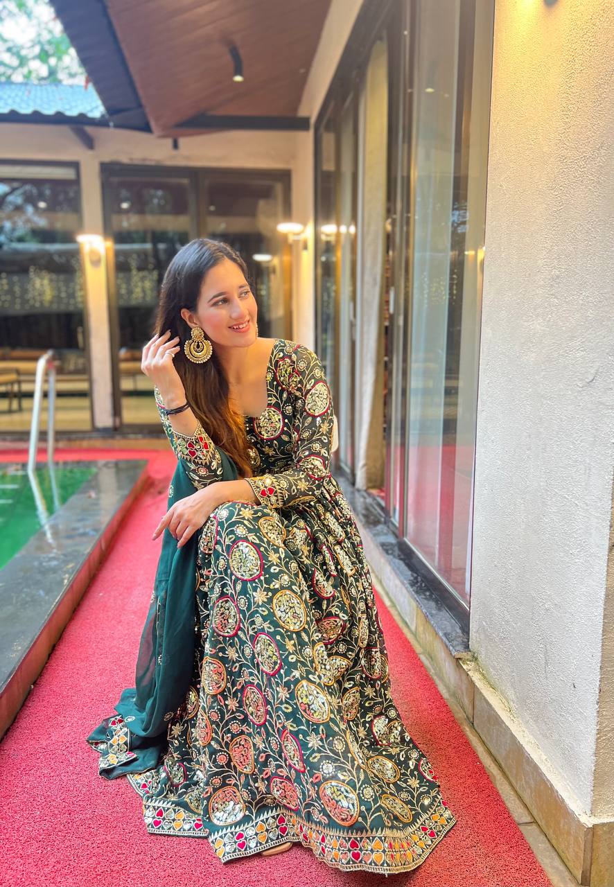 Long green color georgette gown for women