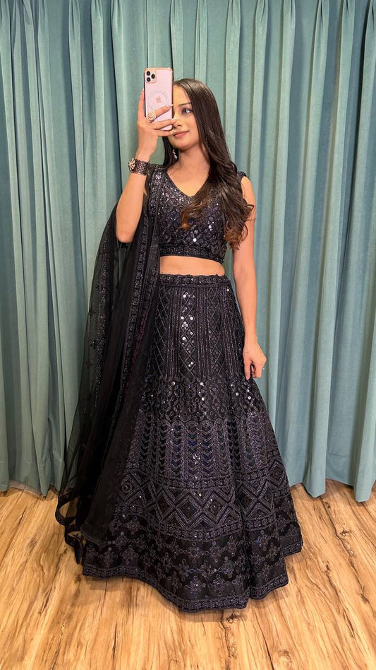 Black color net lehenga choli