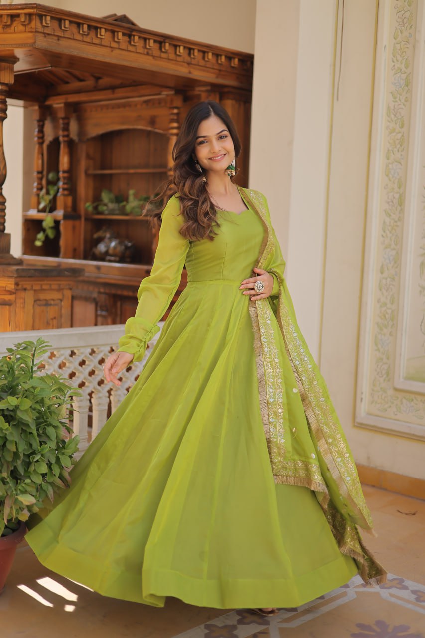 Russian Silk Parrot Green Fancy Neck Gown With Dupatta For Women L / Parrot Russian Silk Parrot Green Fancy Neck Gown With Dupatta For Women L / Parrot