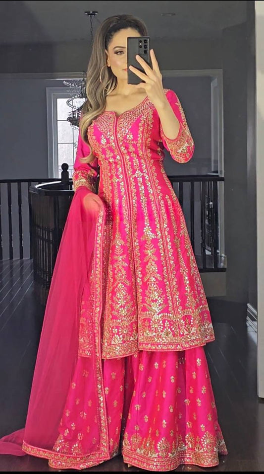 Fancy Pink georgette embroidery plazzo suit