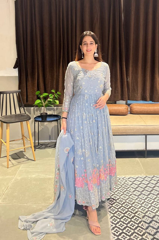 Maxi grey color georgette gown for women