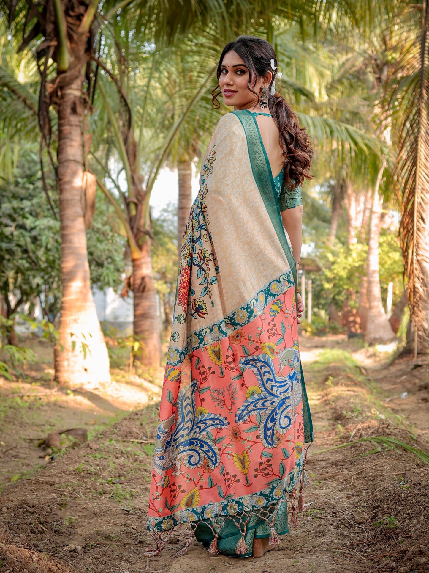 Cream With green Border Silk Saree