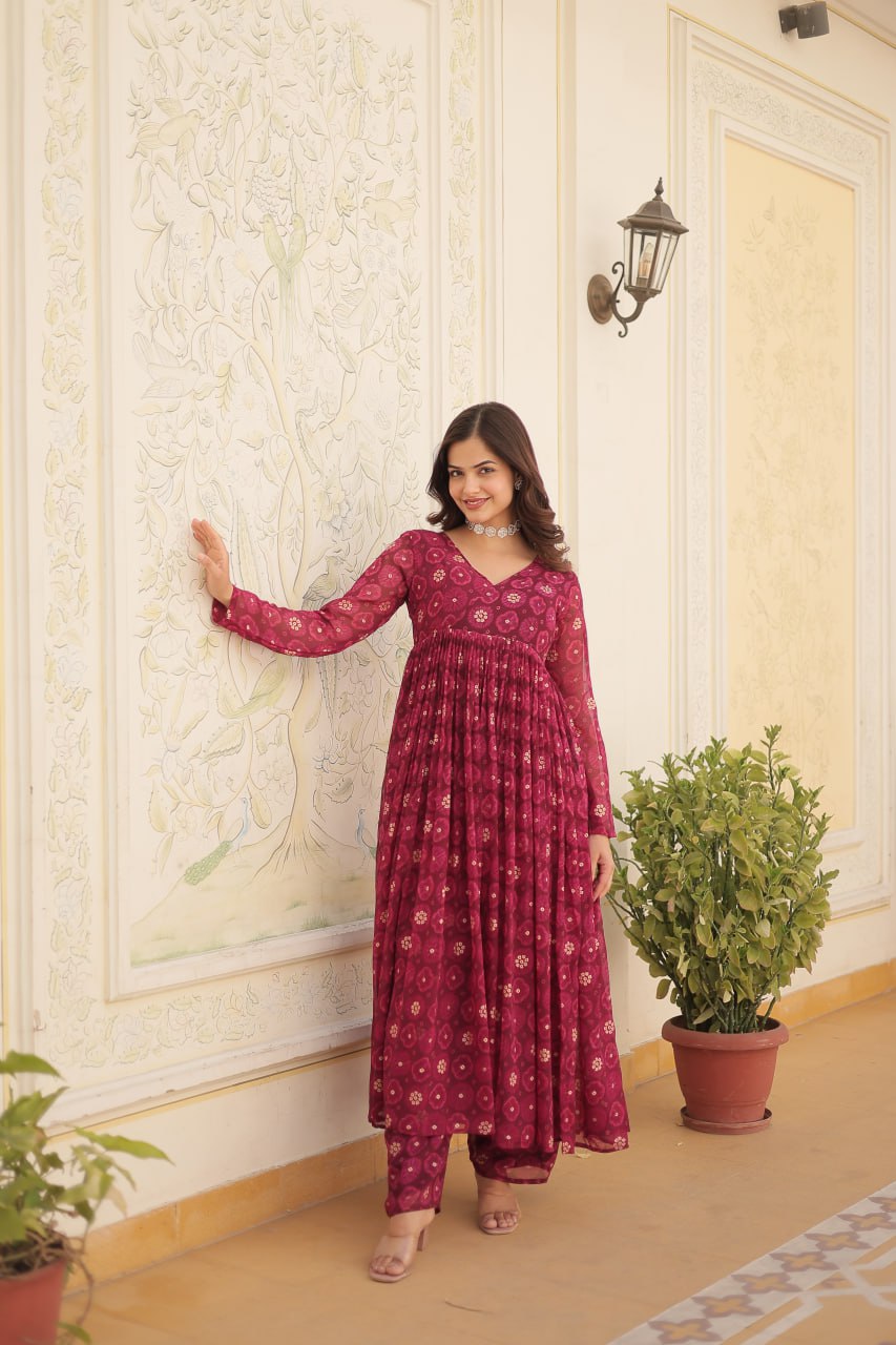 Cotton top with pant set faux georgette in women
