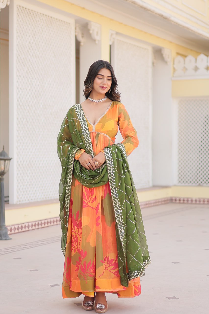 V Neck Alia Cut Gown Dress with Dupatta