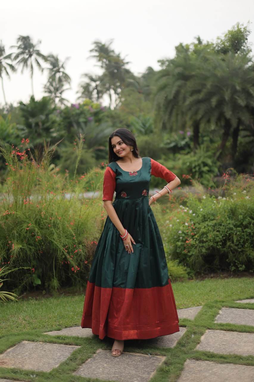 Banarasi jacquard Silk Green Gown Half Sleeves, Round Neck
