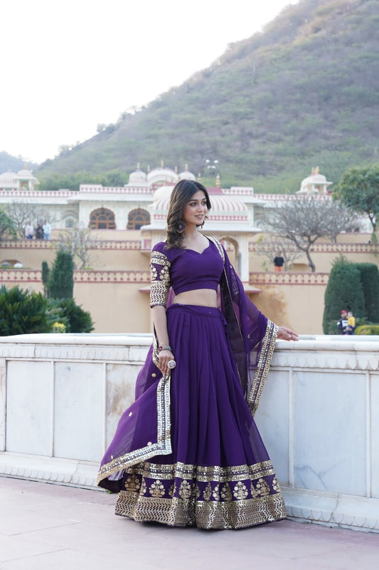 faux blooming georgette purple lehenga engagement party