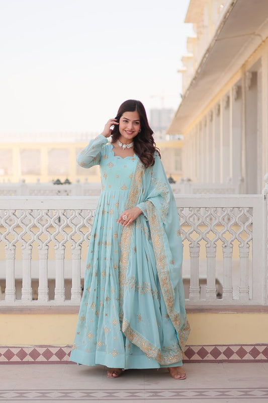 Designer sky blue gown party wear