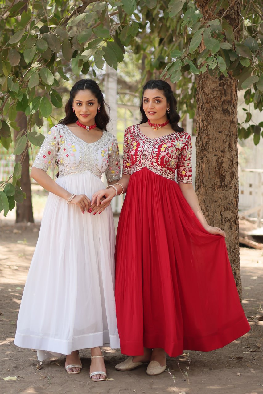 Red And White Color Party Wear Anarkali Gown Dresses For Women M / White Red And White Color Party Wear Anarkali Gown Dresses For Women M / White