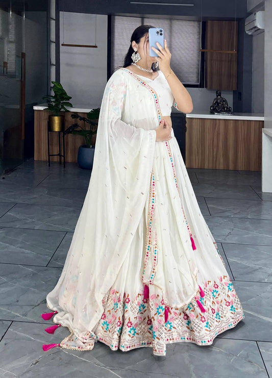 White pure georgette lehenga choli with dupatta price
