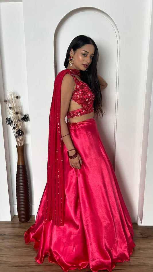 Red color sequins work lehenga choli