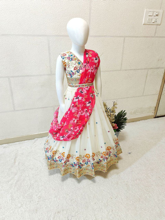 Off white georgette kids lehenga choli saree for women online