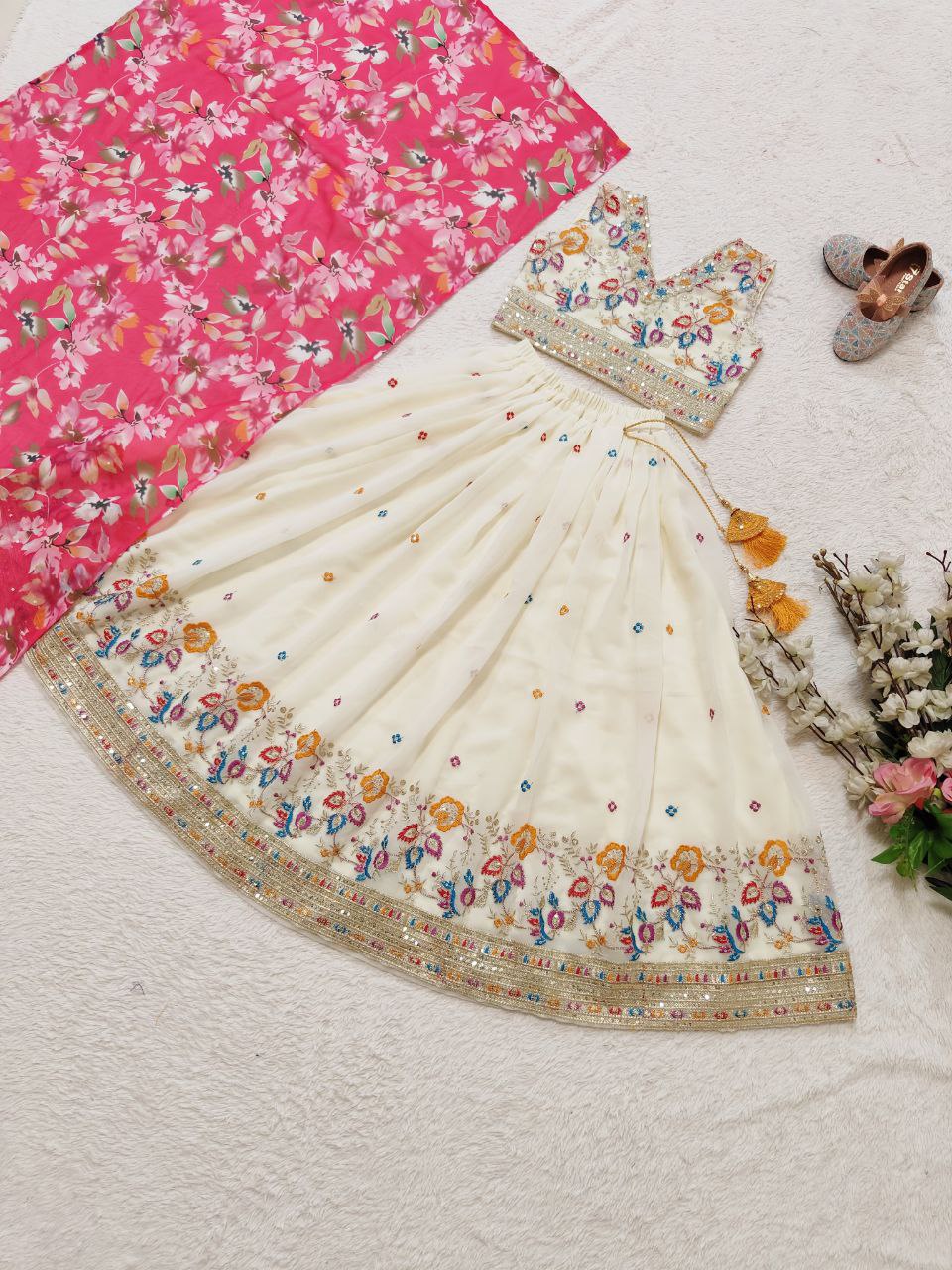 Off white georgette kids lehenga choli saree images