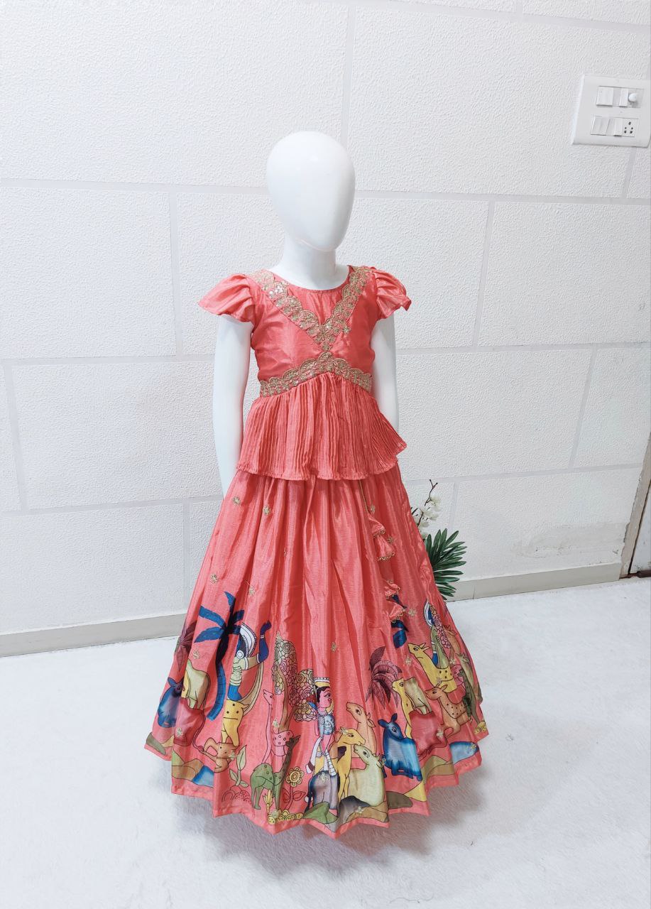 Peach silk kids lehenga choli saree for girls with price
