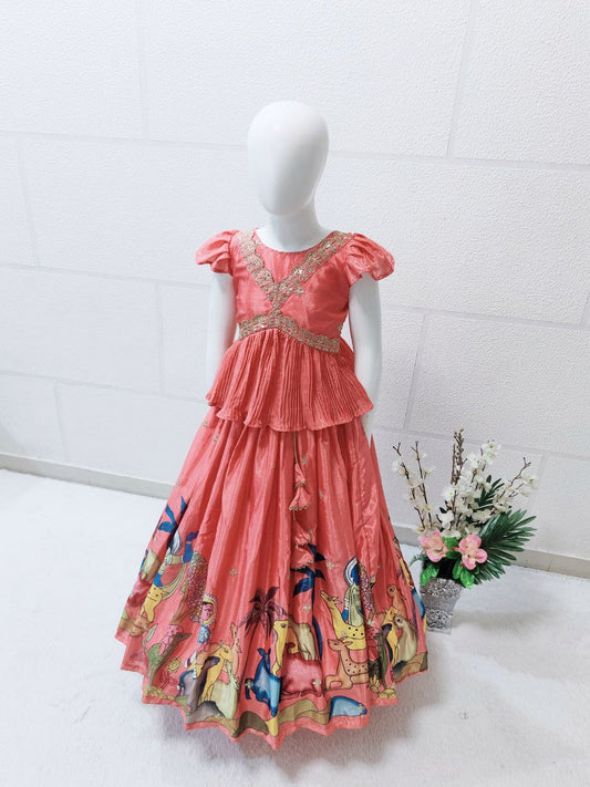 Peach silk kids lehenga choli saree for girls online