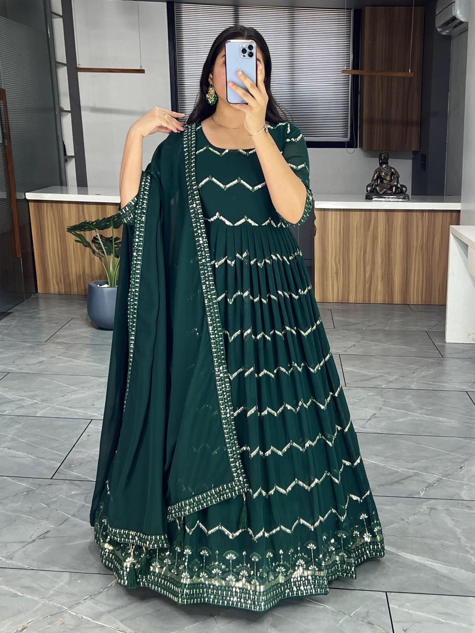 Long green georgette gown for women
