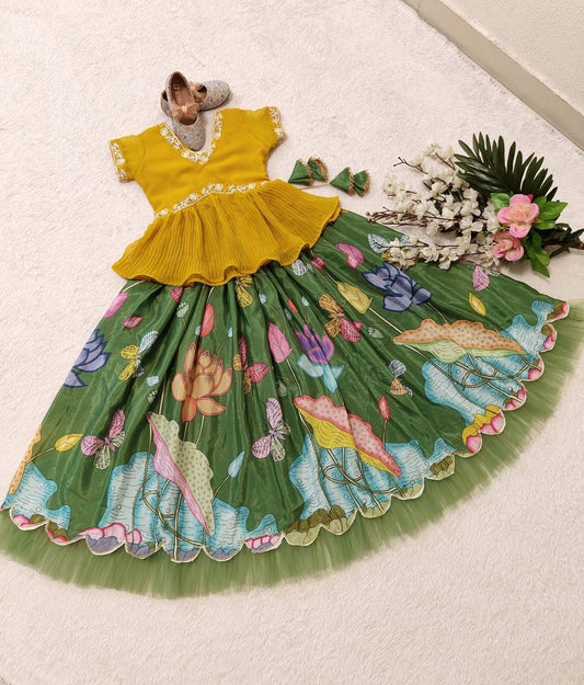 Green color girls silk ehenga with top for wedding