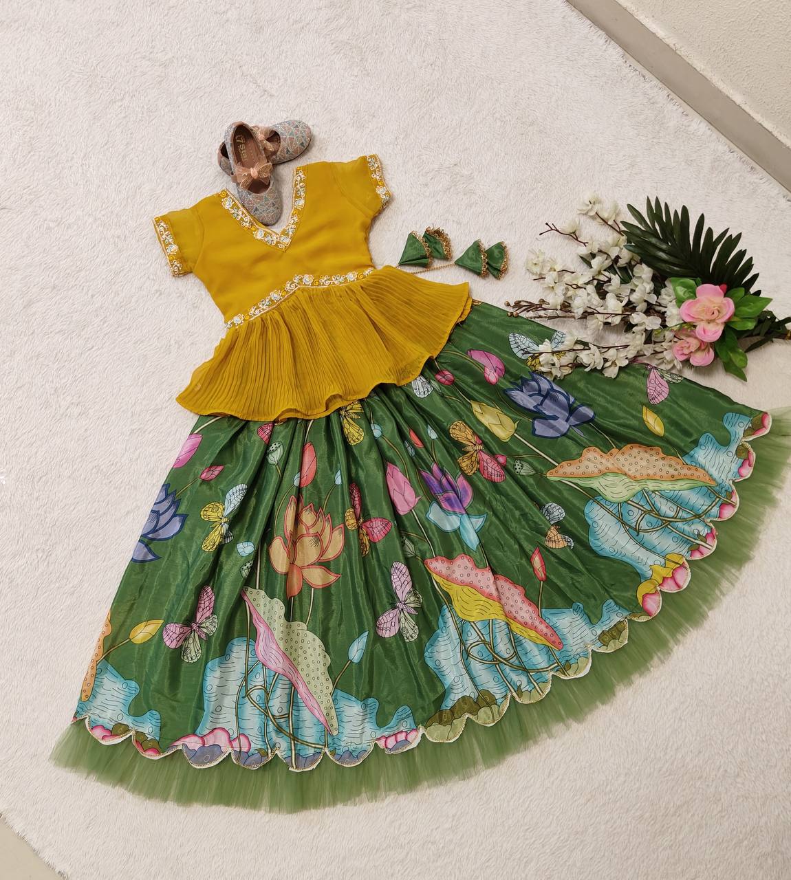 Green color girls silk Lehenga with top images