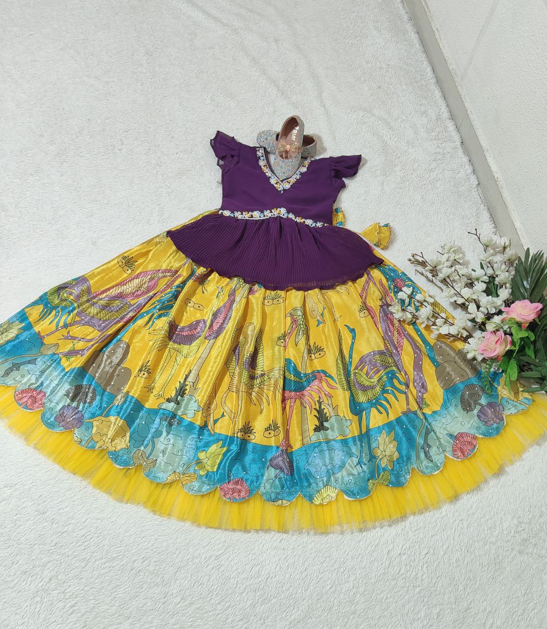 Yellow silk kids lehenga choli saree for girlswith price