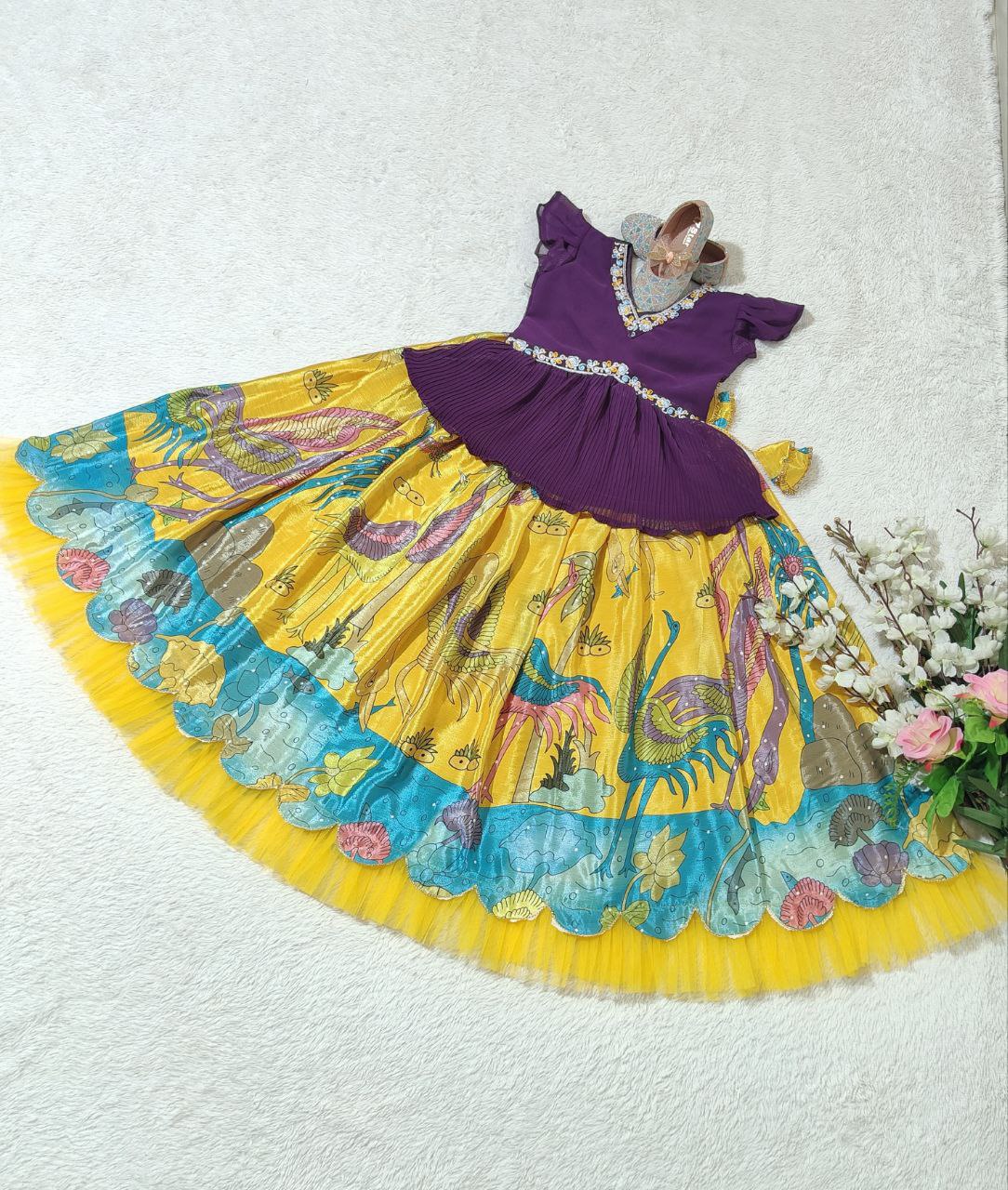 Yellow silk kids lehenga choli saree for Girls online